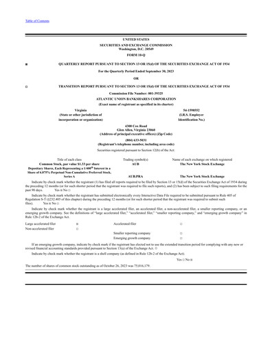 Thumbnail Atlantic Union Bankshares Quarterly Report 2023-q3