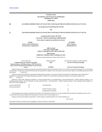 Thumbnail Atlantic Union Bankshares Quarterly Report 2026-q2