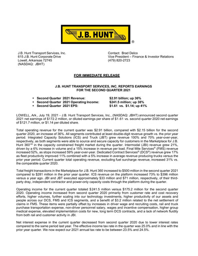 Thumbnail J. B. Hunt
 Quarterly Report 2021-q2