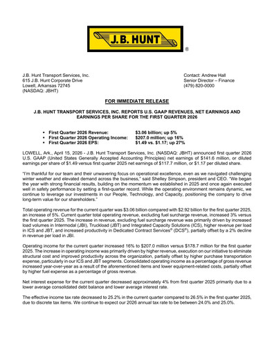 Thumbnail J. B. Hunt
 Quarterly Report 2026-q1