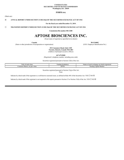 Thumbnail Aptose Biosciences Annual Report 2019