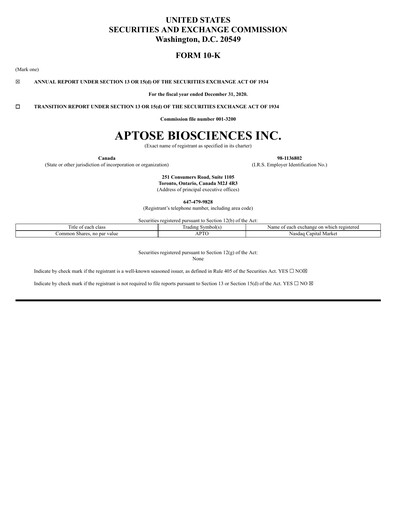 Thumbnail Aptose Biosciences Annual Report 2020