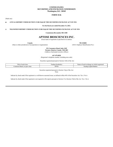 Thumbnail Aptose Biosciences Annual Report 2021