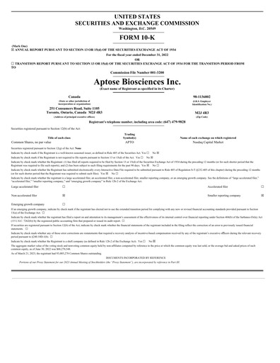 Thumbnail Aptose Biosciences Annual Report 2022