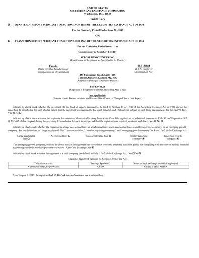 Thumbnail Aptose Biosciences Quarterly Report 2019-q2
