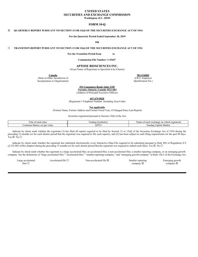 Thumbnail Aptose Biosciences Quarterly Report 2019-q3