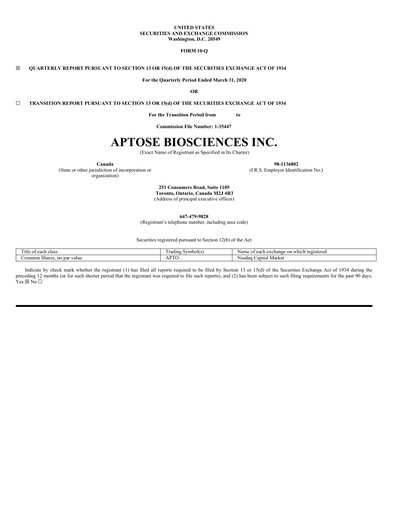 Thumbnail Aptose Biosciences Quarterly Report 2020-q1
