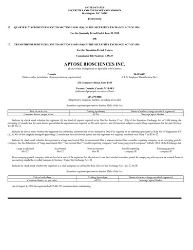 Thumbnail Aptose Biosciences Quarterly Report 2020-q2