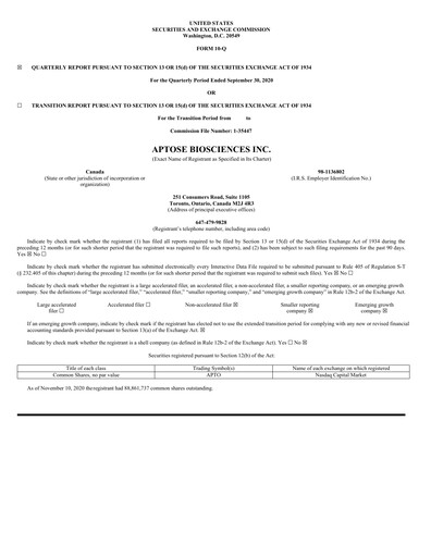 Thumbnail Aptose Biosciences Quarterly Report 2020-q3