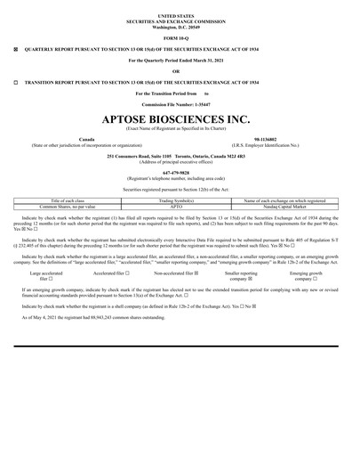 Thumbnail Aptose Biosciences Quarterly Report 2021-q1