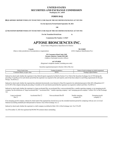 Thumbnail Aptose Biosciences Quarterly Report 2021-q3