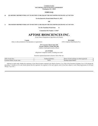 Thumbnail Aptose Biosciences Quarterly Report 2022-q1
