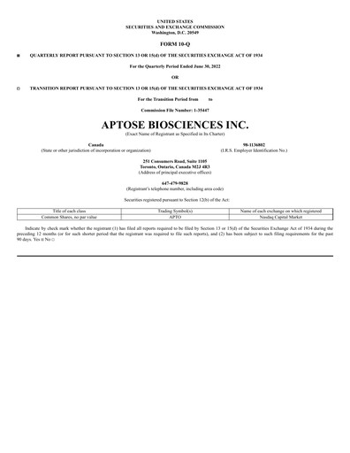 Thumbnail Aptose Biosciences Quarterly Report 2022-q2