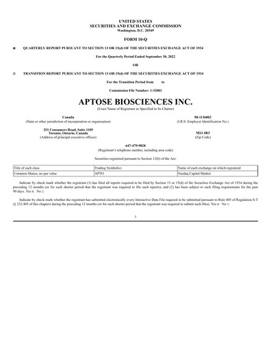 Thumbnail Aptose Biosciences Quarterly Report 2022-q3
