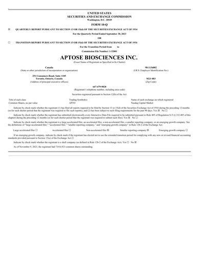 Thumbnail Aptose Biosciences Quarterly Report 2023-q3
