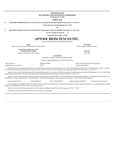 Thumbnail Aptose Biosciences Quarterly Report 2024-q1