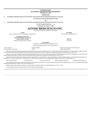 Thumbnail Aptose Biosciences Quarterly Report 2024-q3