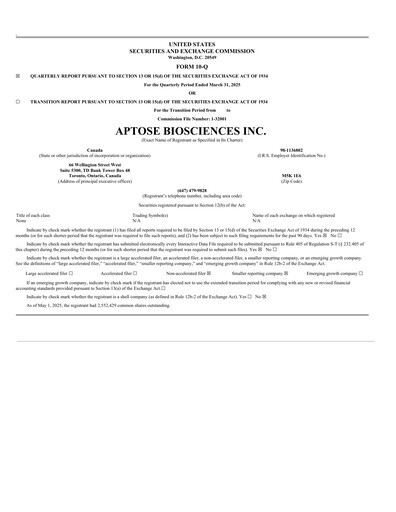 Thumbnail Aptose Biosciences Quarterly Report 2025-q1