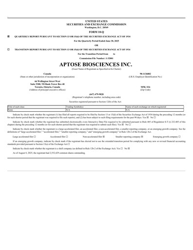 Thumbnail Aptose Biosciences Quarterly Report 2025-q2