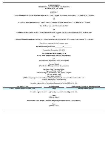 Thumbnail Aptorum Group
 Annual Report 2020