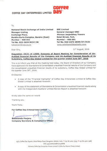 Thumbnail Coffee Day Enterprises Quarterly Report 2016-q1