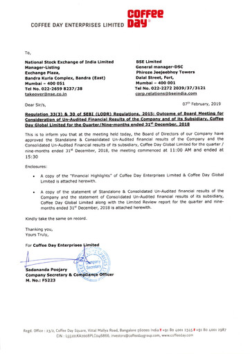 Thumbnail Coffee Day Enterprises Quarterly Report 2018-q3