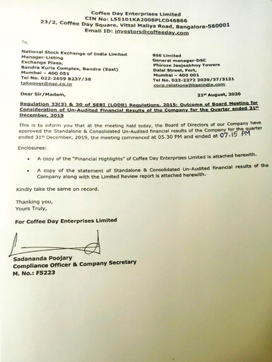 Thumbnail Coffee Day Enterprises Quarterly Report 2019-q3