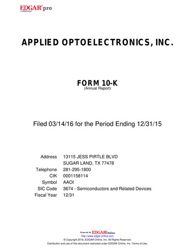 Thumbnail Applied Optoelectronics Annual Report 2015