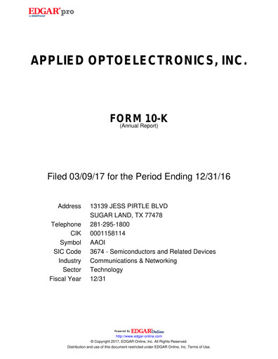 Thumbnail Applied Optoelectronics Annual Report 2016