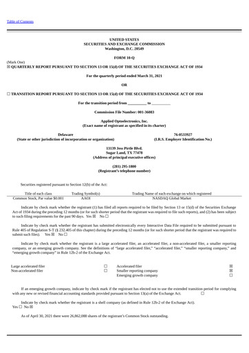 Thumbnail Applied Optoelectronics Quarterly Report 2021-q1