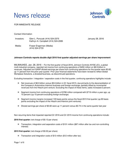 Vorschaubild Johnson Controls
 Quartalsbericht 2016-q1