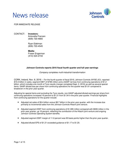 Vorschaubild Johnson Controls
 Quartalsbericht 2016-q4