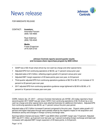 Vorschaubild Johnson Controls
 Quartalsbericht 2017-q2