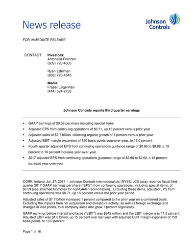 Vorschaubild Johnson Controls
 Quartalsbericht 2017-q3