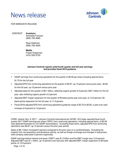 Vorschaubild Johnson Controls
 Quartalsbericht 2017-q4