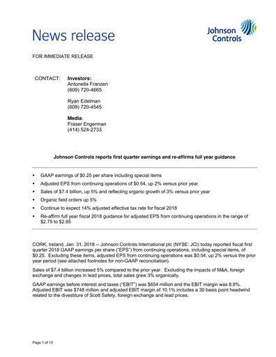Vorschaubild Johnson Controls
 Quartalsbericht 2018-q1