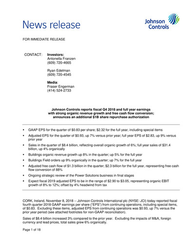Vorschaubild Johnson Controls
 Quartalsbericht 2018-q4