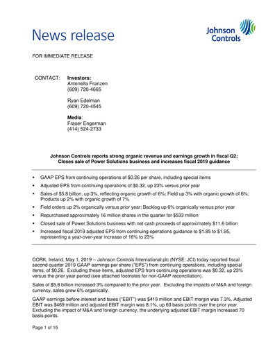 Vorschaubild Johnson Controls
 Quartalsbericht 2019-q2