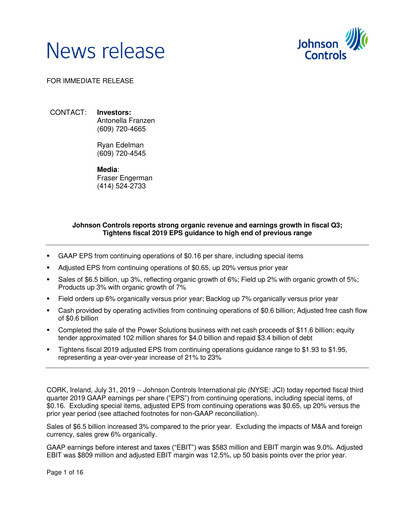Vorschaubild Johnson Controls
 Quartalsbericht 2019-q3