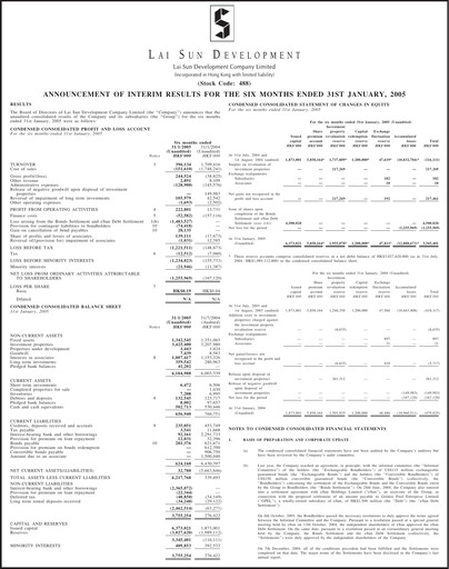 Miniature Lai Sun Development Company Rapport semestriel 2005-h1