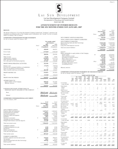 Miniature Lai Sun Development Company Rapport semestriel 2007-h1