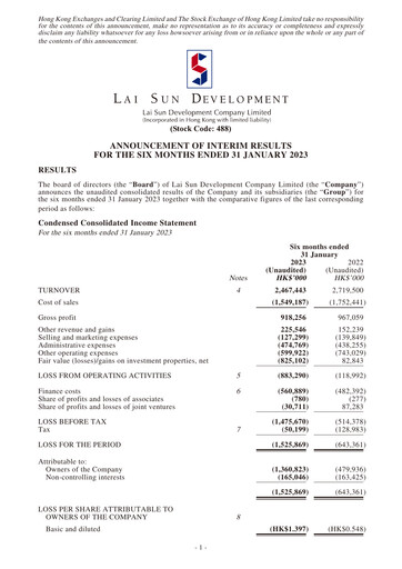 Miniature Lai Sun Development Company Rapport semestriel 2023-h1