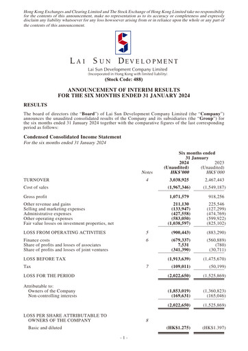 Miniature Lai Sun Development Company Rapport semestriel 2024-h1