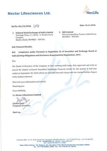 Vorschaubild Nectar Lifesciences
 Quartalsbericht 2018-q3