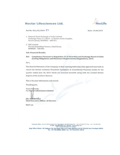 Vorschaubild Nectar Lifesciences
 Quartalsbericht 2019-q2