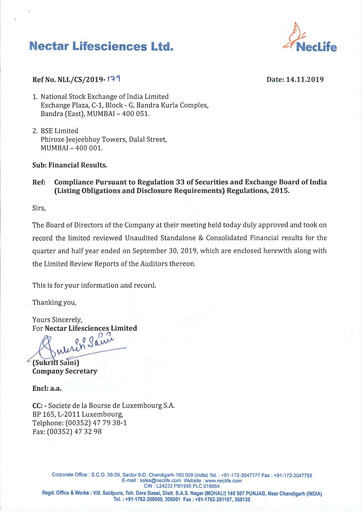 Vorschaubild Nectar Lifesciences
 Quartalsbericht 2019-q3
