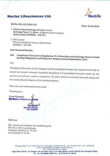 Vorschaubild Nectar Lifesciences
 Quartalsbericht 2020-q3