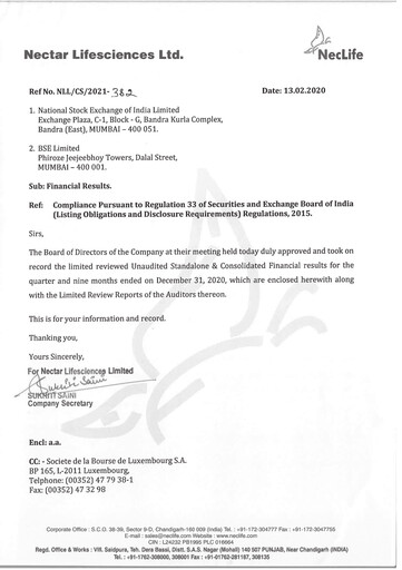Vorschaubild Nectar Lifesciences
 Quartalsbericht 2020-q4