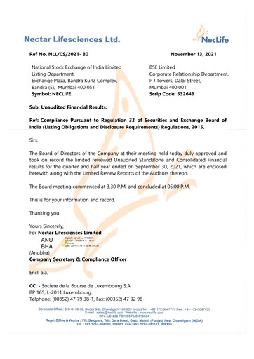 Vorschaubild Nectar Lifesciences
 Quartalsbericht 2021-q3