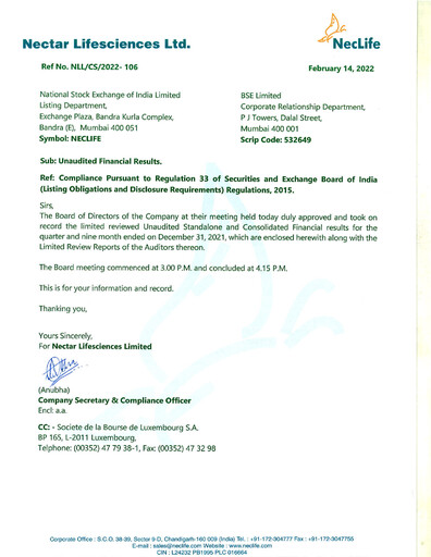 Vorschaubild Nectar Lifesciences
 Quartalsbericht 2021-q4